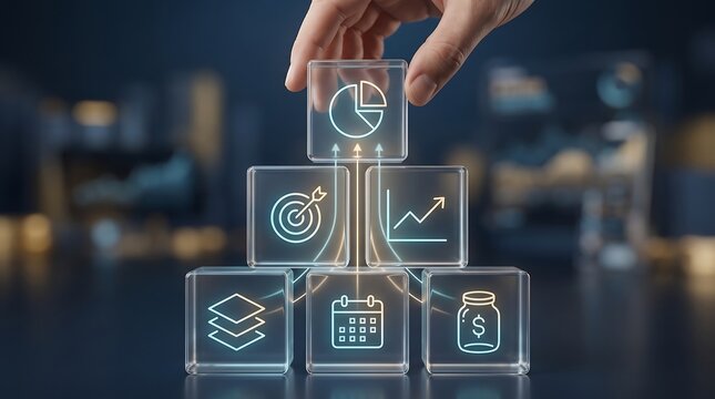 Hand stacking glass blocks with glowing business icons representing strategic planning growth targets financial management and project scheduling in a modern corporate office environment