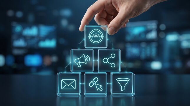 Business person holding glass cube with target icon above pyramid of marketing strategy symbols representing digital campaign success and modern corporate planning concept