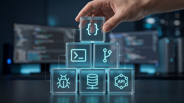 Software development programming API concept with hand placing code block cube atop interconnected IT infrastructure symbols
