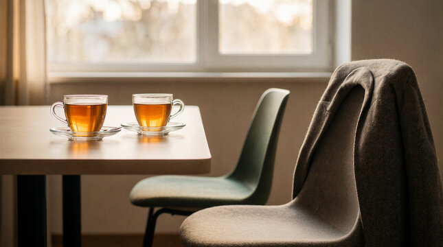 Herbal tea cups on a table beside an empty chair indoors