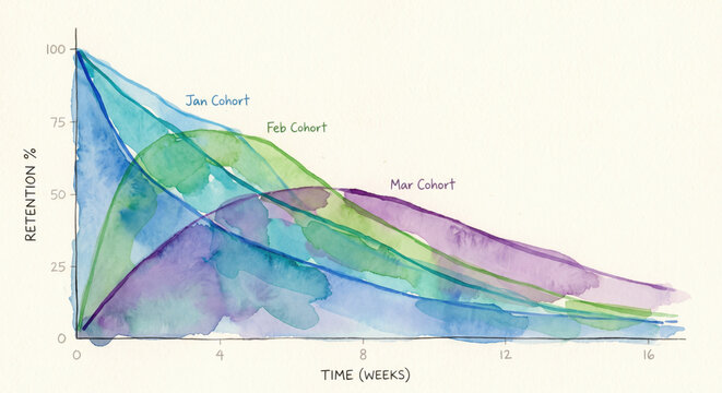 Retention surface chart; cohort comparison and seasonality; survival analysis, forecasting growth.