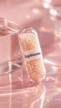 Capsule filled with small white beads labeled ergothioneine sits on a reflective surface. Soft light creates highlights around the capsule. The setting shows a simple and modern design