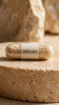 A capsule labeled silicon sits on a textured stone surface. Natural light highlights the details of the capsule and the surrounding stone. The scene shows a simple arrangement