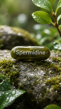 A green capsule with the word Spermidine is placed on a wet stone. The surroundings include moss and green leaves. This scene captures nature and health themes