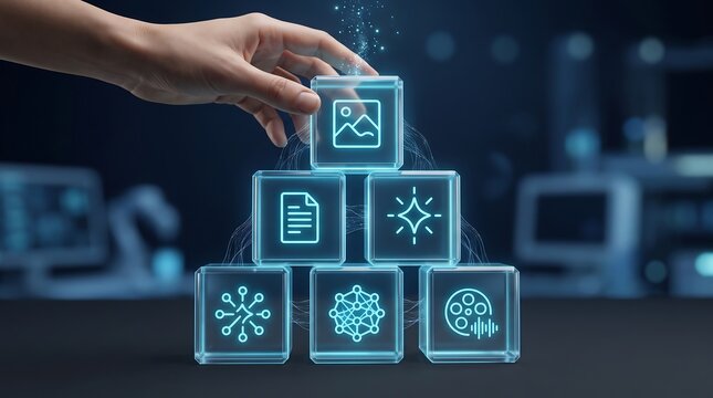 Human hand placing digital icon on conceptual data pyramid structure with various content types