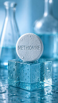 A round white tablet labeled Methionine rests on a blue ice cube. Glass flasks filled with a blue liquid surround the tablet, and water droplets cover the surface