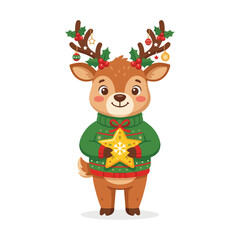 Fototapeta premium Cute christmas deer mascot character wearing winter sweater and holding golden star