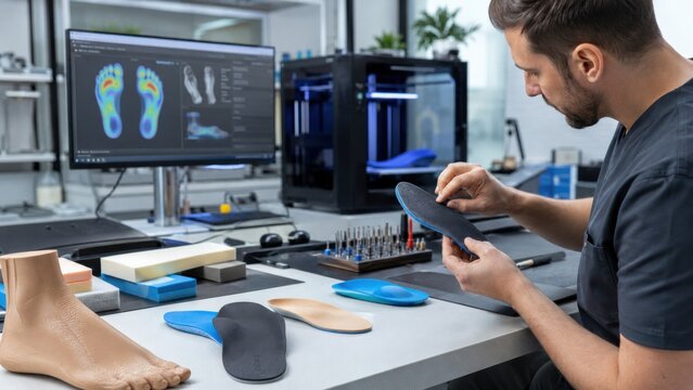 Man working on custom insoles in a lab with 3D printer and digital foot scan on screen while handling materials and tools for foot care