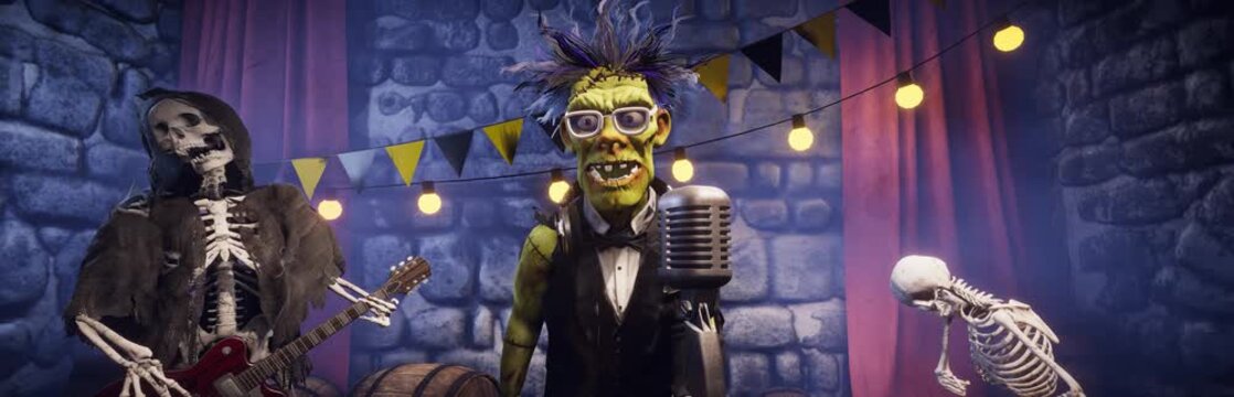 Funny Frankenstein at Halloween party in gothic dungeon with skeletons dancing on background, 3D render