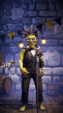 Funny Frankenstein at Halloween party in gothic dungeon with skeletons dancing on background, 3D render