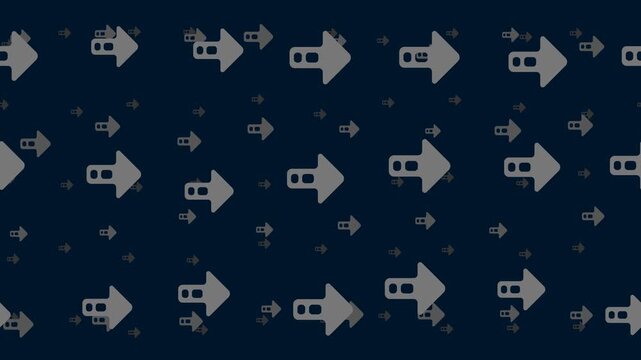 Right arrow symbols float horizontally from left to right. Parallax fly effect. Floating symbols are located randomly. Seamless looped 4k animation on dark blue background