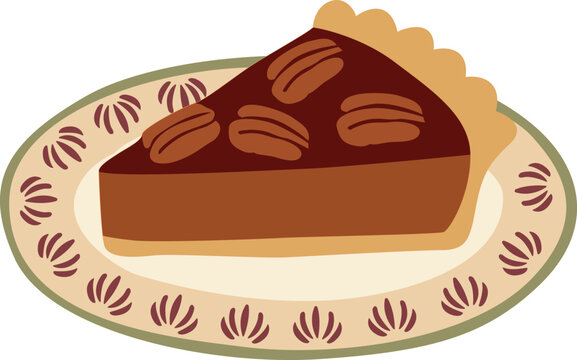 Slice of pecan pie topped with pecans on a decorative plate, classic homemade Thanksgiving dessert illustration