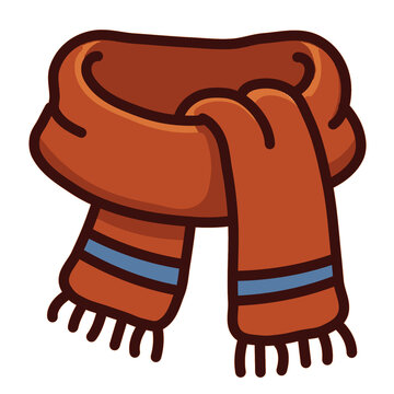 Cozy Scarf 
A warm brown knitted scarf with blue and orange stripes and fringed ends.
