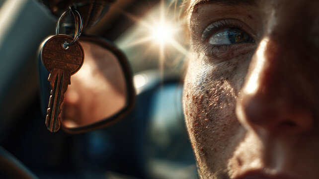 Womans Eye and Sweat, Key Dangling in Car, Intense Moment