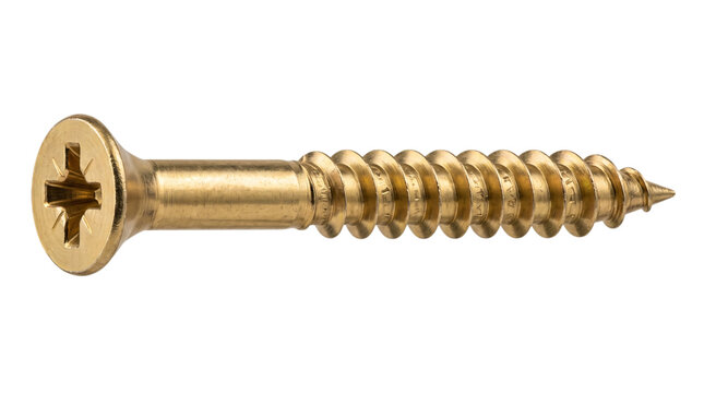 Brass wood screw with phillips head and sharp solated on transparent background