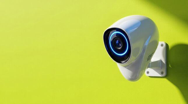 Modern security camera with blue halo lens glowing on bright lime green wall for home safety monitoring.