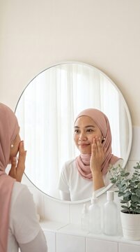 Woman applying serum in bathroom mirror