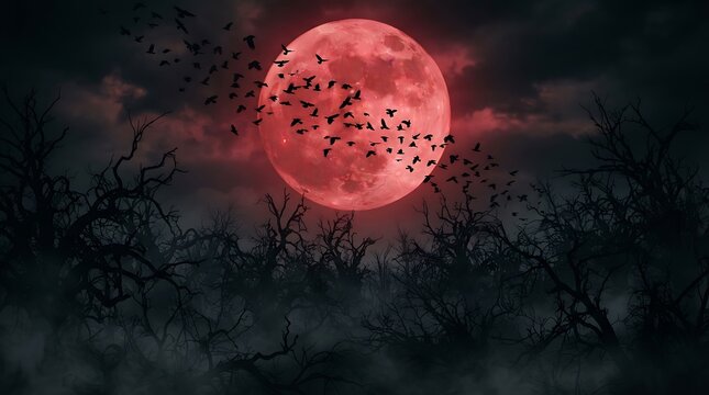 Ravens flying past red moon