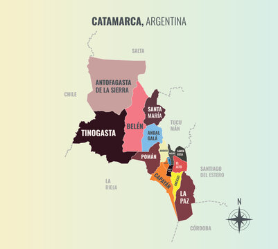Catamarca Argentina Provincia into Partido in a minimalist colorful style map showing