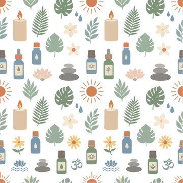 Seamless wellness pattern featuring spa stones essential oil bottles candles and leaves
