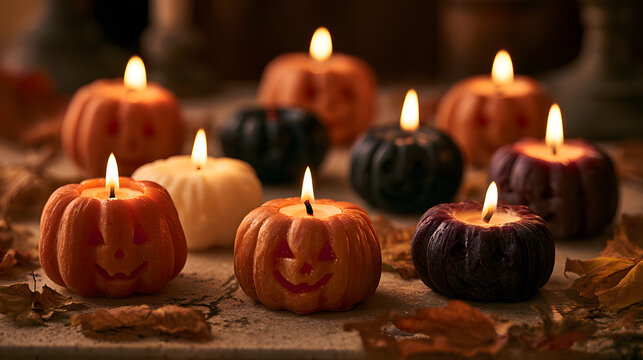 Miniature pumpkin candle collection, multiple small pumpkins in orange, cream, black and deep purple wax, cute carved faces.