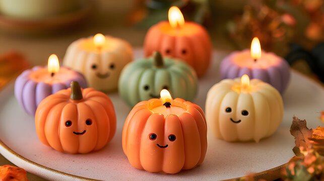 Cute Halloween pumpkin candle set, adorable pumpkin shapes with tiny carved smiling faces, vibrant orange, pastel purple, cream and green colors.