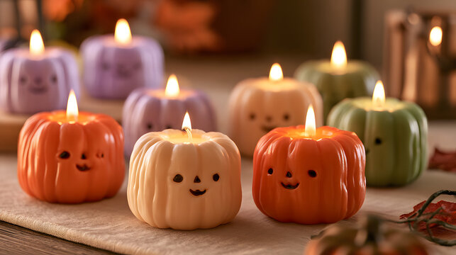 Cute Halloween pumpkin candle set, adorable pumpkin shapes with tiny carved smiling faces, vibrant orange, pastel purple, cream and green colors.