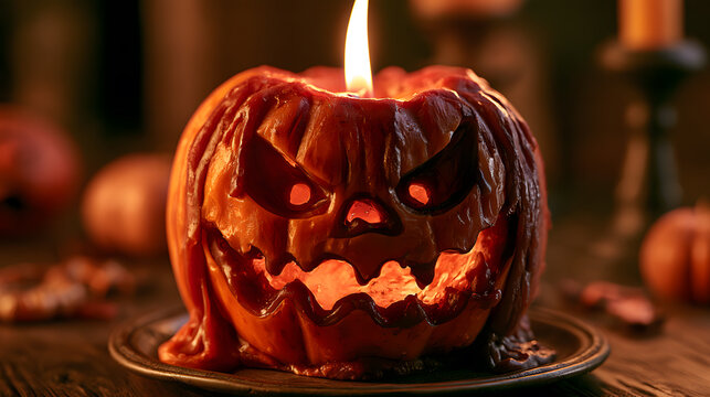 Spooky pumpkin candle shaped like a twisted pumpkin, orange and dark red wax, mischievous jack-o&rsquo;-lantern expression, melted wax around the edges.
