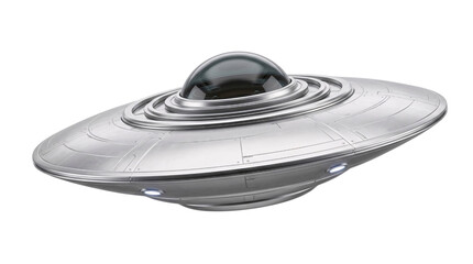 Silver flying saucer ufo with glowing blue solated on transparent background © PNG Studio 99