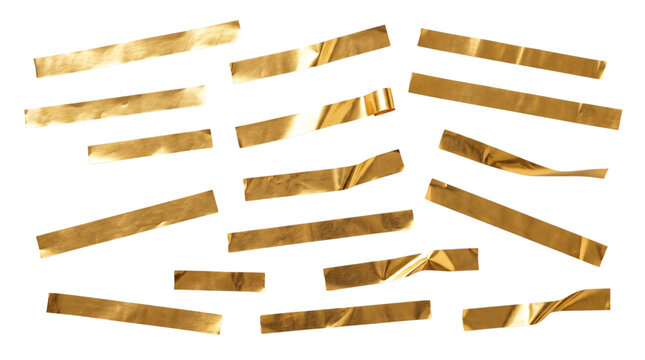 Scattered gold foil strips with white stripes solated on transparent background