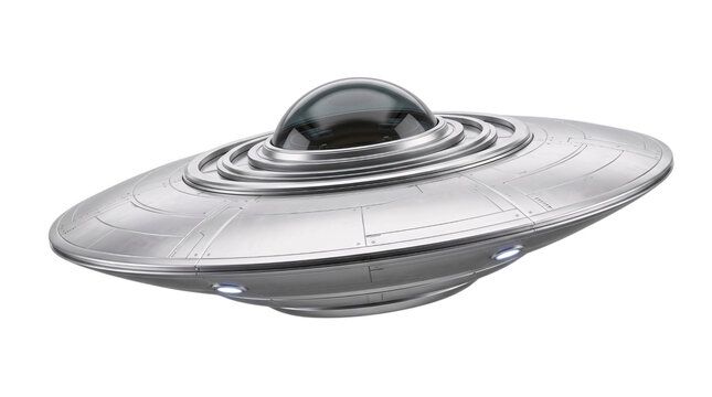 Silver flying saucer ufo with glowing blue solated on transparent background