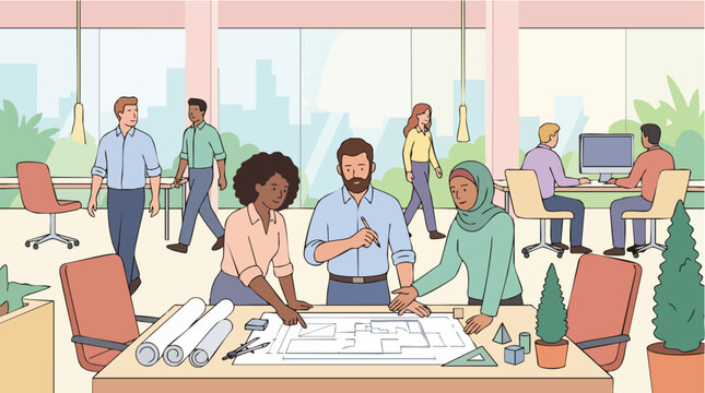 Collaborative team brainstorming session in modern office space with diverse professionals, concept for corporate teamwork, project planning and creative problem-solving