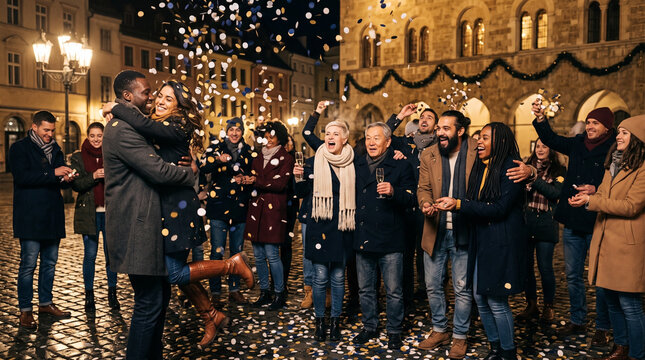 Confetti falling on a crowd in New Years festive city square, public celebration and joyful community gathering