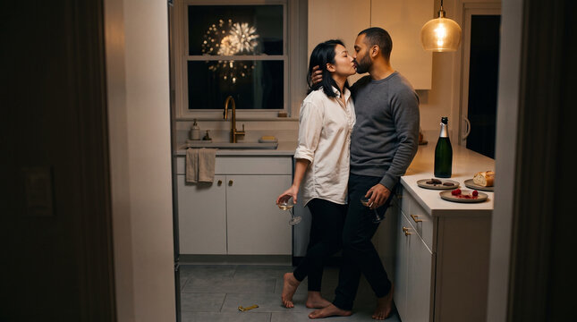 Couple kissing in kitchen at midnight, intimate home moment and late night romance on New Years&rsquo;s Day