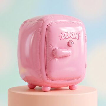 pink inflatable mini fridge with BLOOM lettering on pedestal, kawaii product design concept