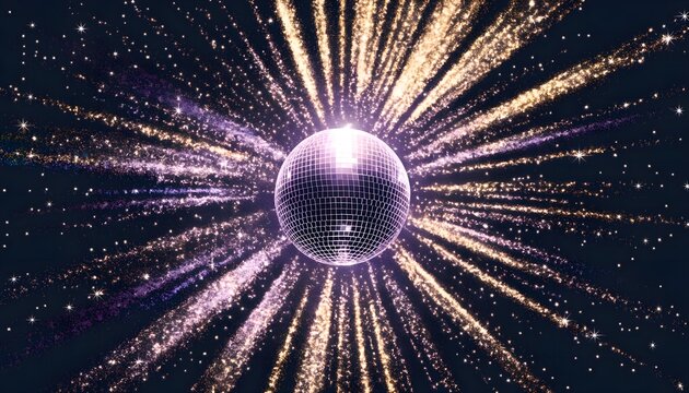 Abstract disco ball vector background with purple and gold glitter explosion rays and star sparkle for party invitation template
