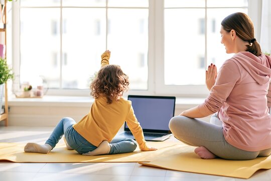 Happy mother and young child exercising on yoga mats at home while watching an online class on a laptop
