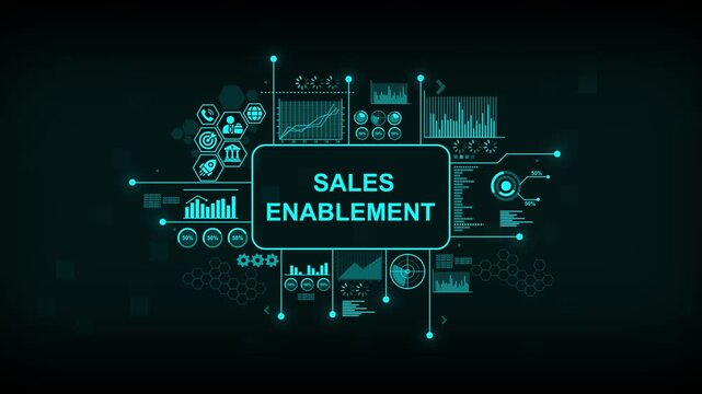 Sales enablement digital infographic hud interface with animated business analytics and growth data visualization