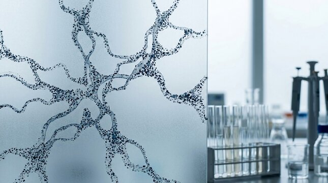 Abstract biological cell network pattern with laboratory test tubes in the background, representing scientific research and discovery