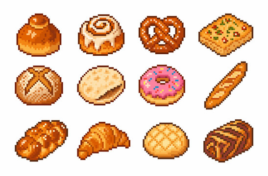 Bread and Pastry Pixel Art Icons Set, Pixelated Bakery  Collection Isolated on White Background.