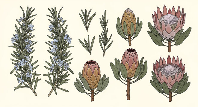 Botanical Vector Illustrations of Blooming Protea Flowers and Fresh Rosemary Sprigs on Cream Background