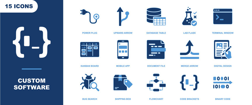 Custom software icon sheet, 15 blue icons including power plug, database table, kanban board, mobile app, flowchart, and binary code symbols