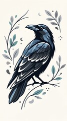 Fototapeta premium Elegant black crow perched on a delicate branch with ornamental leaves.