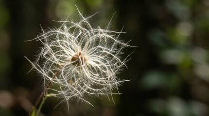Fototapeta premium An exquisite extreme close-up of a delicate white clematis seed head showcasing intricate feathery structures against a blurred natural backdrop
