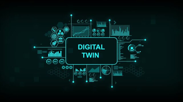Digital twin technology infographic hud: futuristic data analytics and industrial io t network visualization