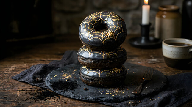 Stack of black donuts with spider web icing for halloween