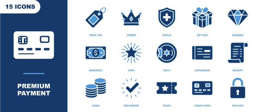 Payment icon sheet featuring blue of credit cards, coins, banknotes, diamonds, crowns, shields, and financial symbols