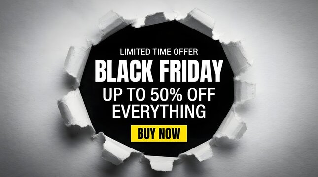 Black friday limited time offer banner with up to 50 percent off everything and a buy now button, emerging from a torn paper hole
