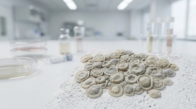 Close up detailed texture of raw ravioli pasta dish arranged in a laboratory setting with blurred scientific equipment in the background
