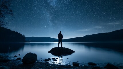 Fototapeta premium Silhouette of a man standing on a lake rock looking up at the starry night sky and milky way reflection